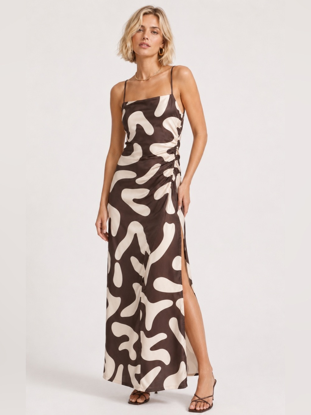 NWT Paper Heart Satin Brown Cream Abstract Print Side Ruched Slip Dress Size M